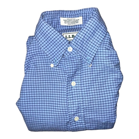 L.L. Bean Men's Dress Shirt 15-32 Blue Checkered Plaid Long Sleeve Button-Up - Picture 11 of 11